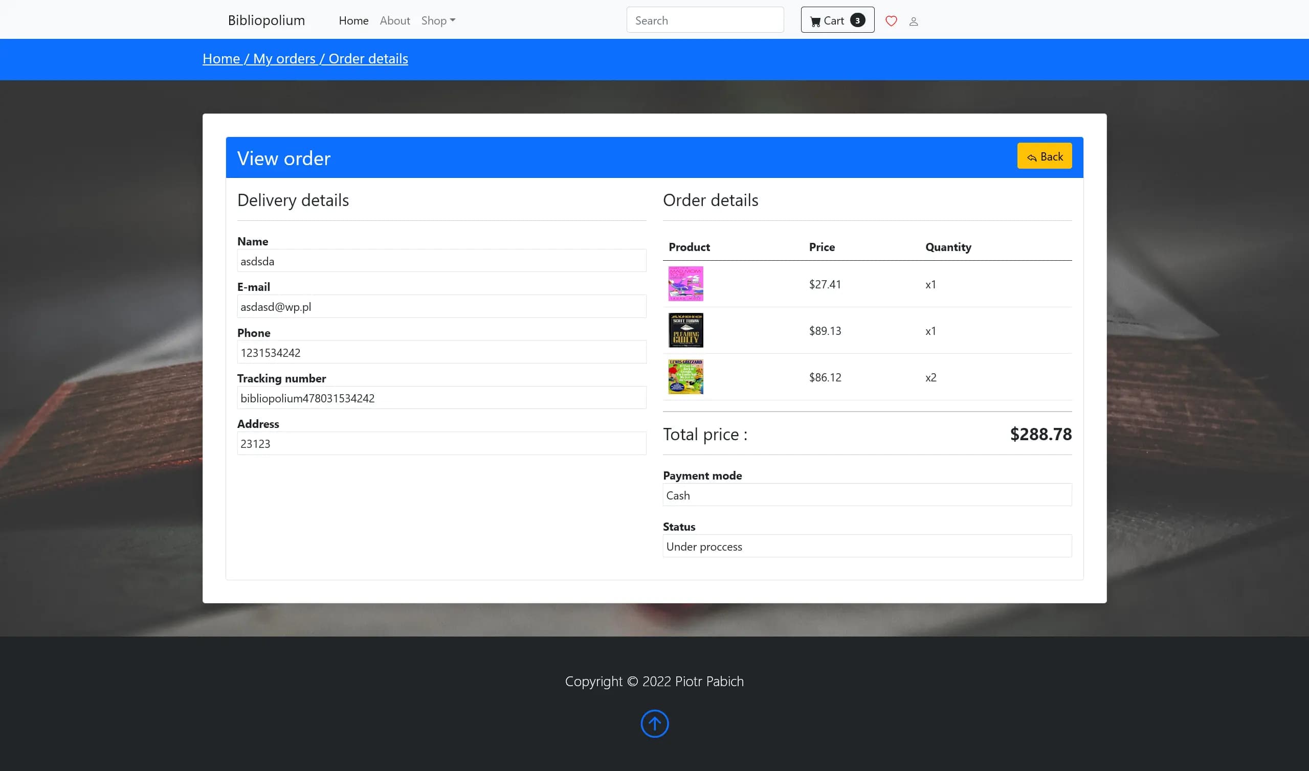Bibliopolium order details page